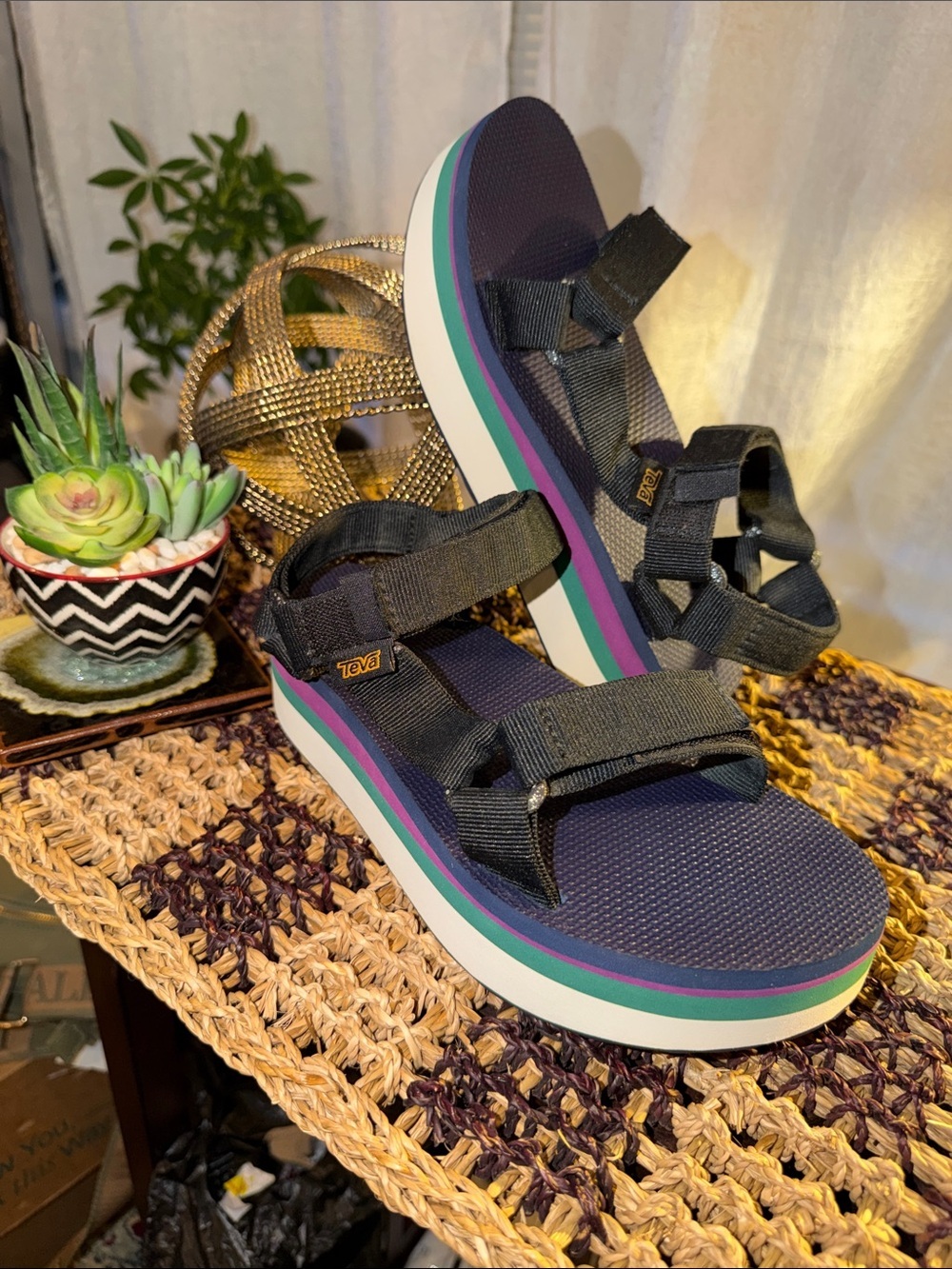 Teva Black Strap Platform Sandals with Navy Footbed and Multicolor Midsole